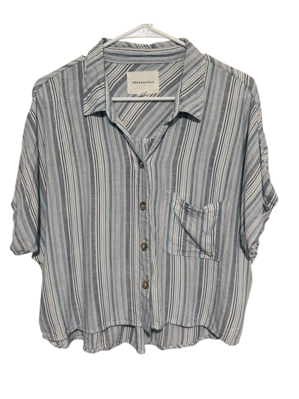 Aeropostale Striped Crop Button Up Shirt Women’s XL Blue White Classic Beach Top